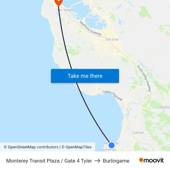 Monterey Transit Plaza / Gate 4 Tyler to Burlingame map