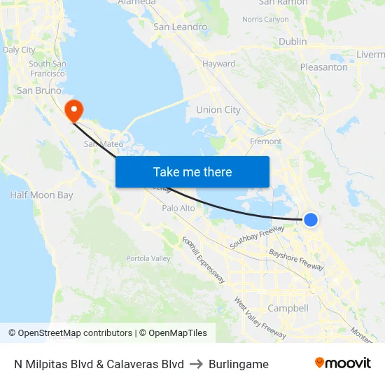 N Milpitas Blvd & Calaveras Blvd to Burlingame map