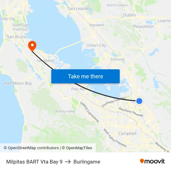 Milpitas BART Vta Bay 9 to Burlingame map