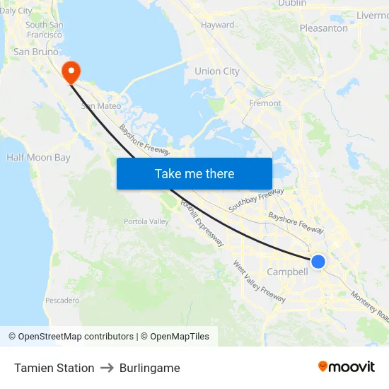 Tamien Station to Burlingame map