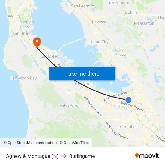 Agnew & Montague (N) to Burlingame map