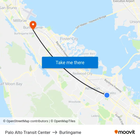 Palo Alto Transit Center to Burlingame map