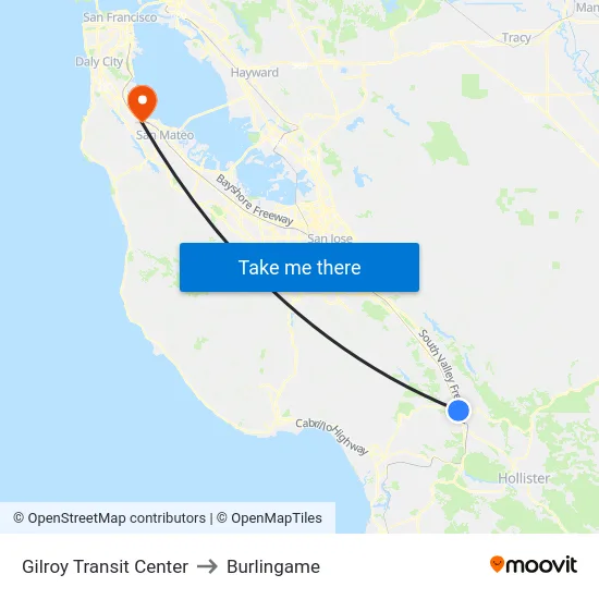 Gilroy Transit Center to Burlingame map