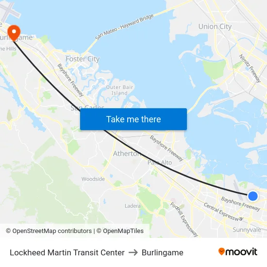 Lockheed Martin Transit Center to Burlingame map