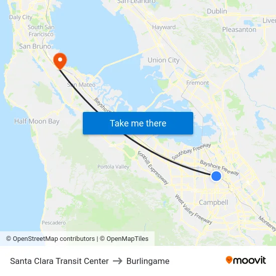 Santa Clara Transit Center to Burlingame map