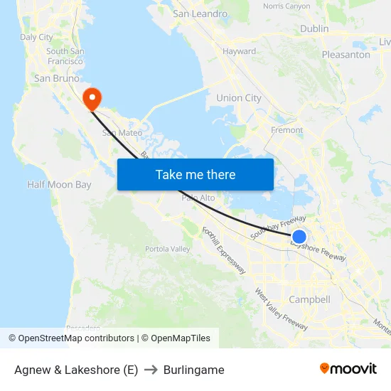Agnew & Lakeshore (E) to Burlingame map