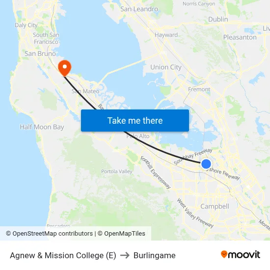 Agnew & Mission College (E) to Burlingame map