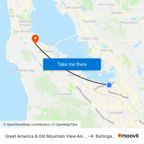 Great America & Old Mountain View-Alviso (N) to Burlingame map