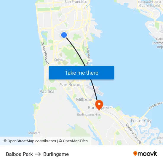 Balboa Park to Burlingame map