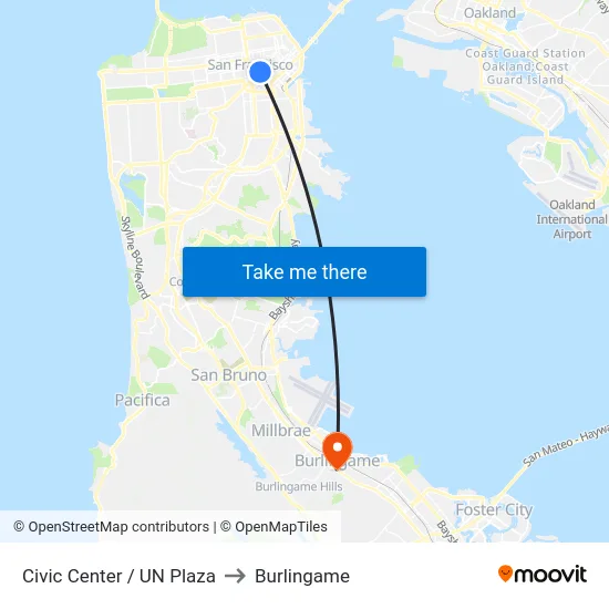 Civic Center / UN Plaza to Burlingame map