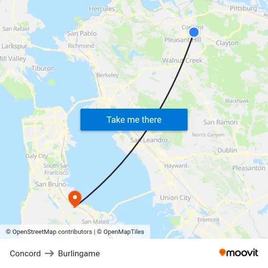 Concord to Burlingame map