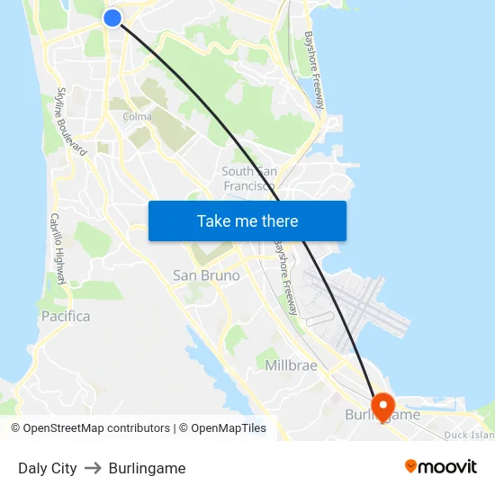 Daly City to Burlingame map