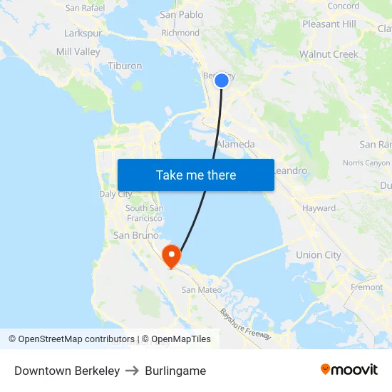 Downtown Berkeley to Burlingame map