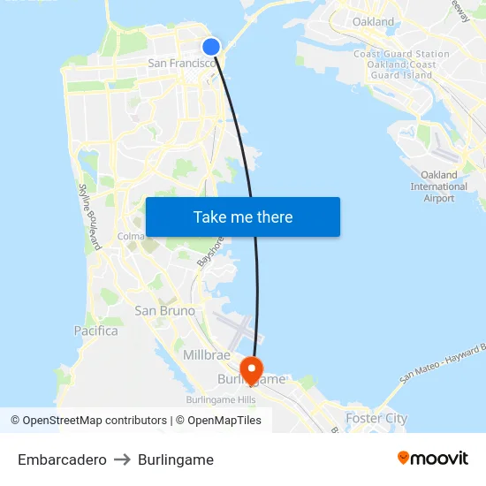 Embarcadero to Burlingame map
