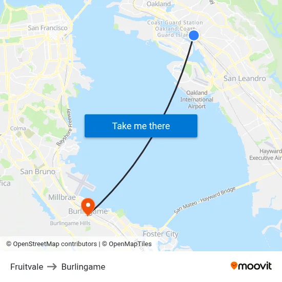 Fruitvale to Burlingame map
