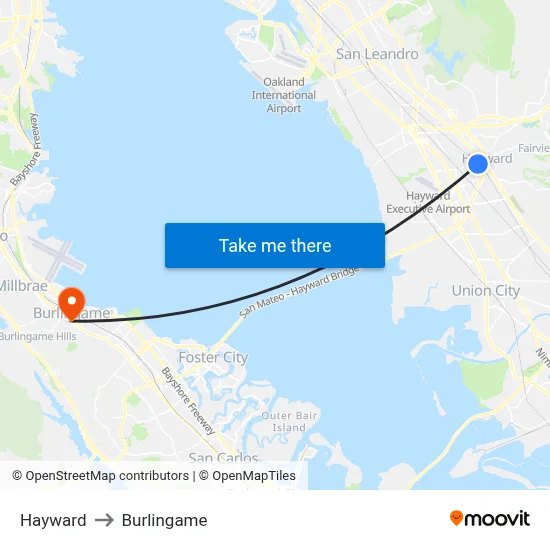 Hayward to Burlingame map