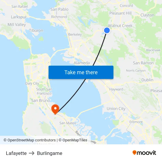 Lafayette to Burlingame map