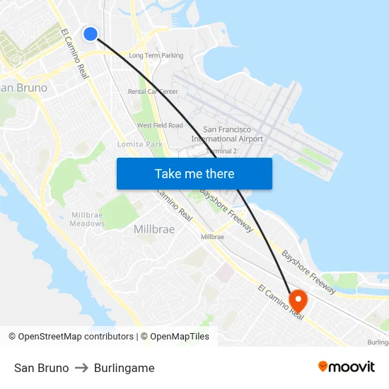 San Bruno to Burlingame map