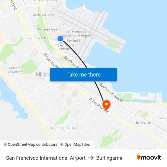 San Francisco International Airport to Burlingame map