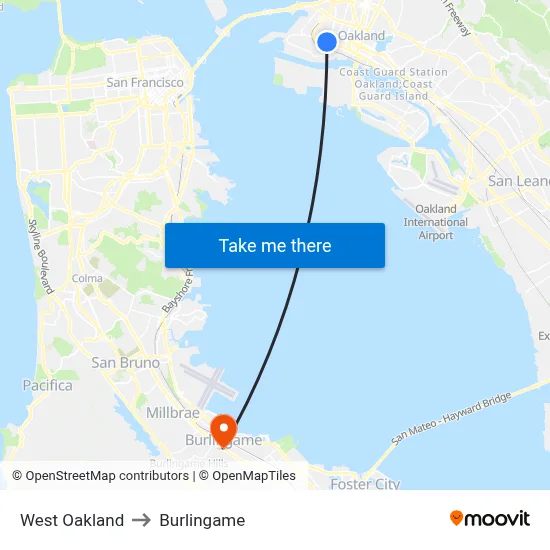 West Oakland to Burlingame map