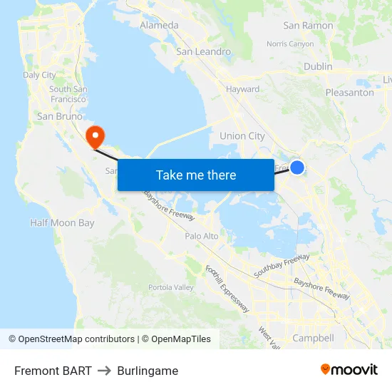 Fremont BART to Burlingame map