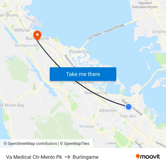 Va Medical Ctr-Menlo Pk to Burlingame map