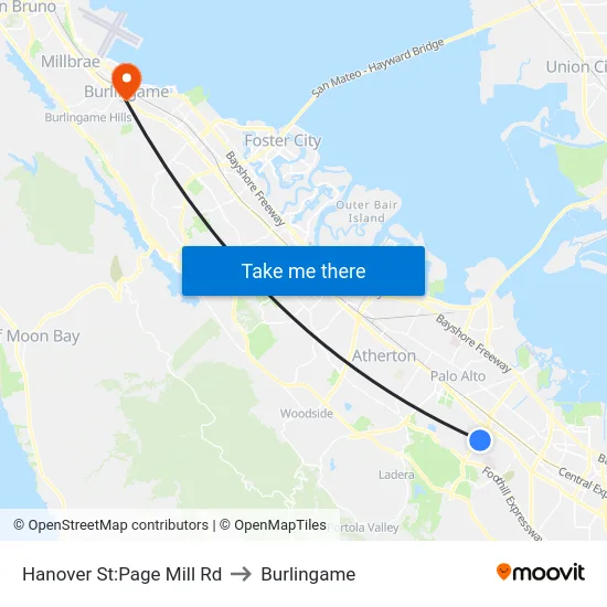 Hanover St:Page Mill Rd to Burlingame map