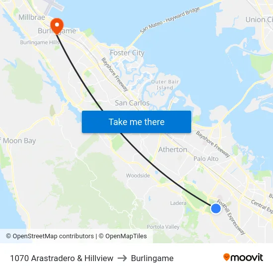 1070 Arastradero & Hillview to Burlingame map