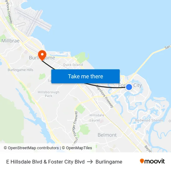E Hillsdale Blvd & Foster City Blvd to Burlingame map