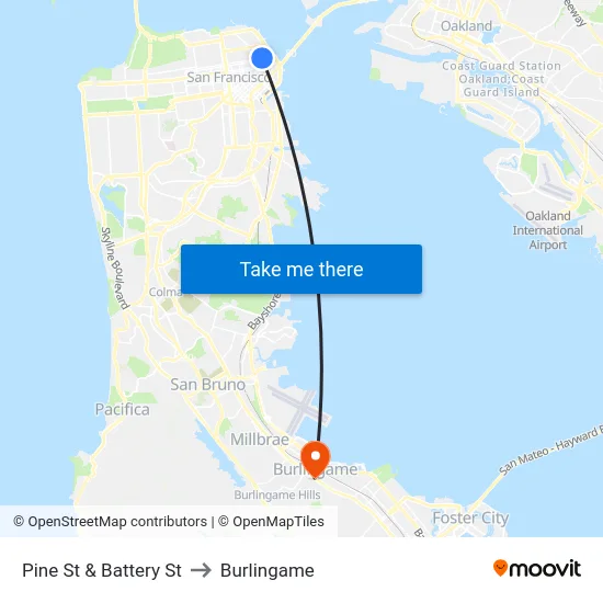 Pine St & Battery St to Burlingame map
