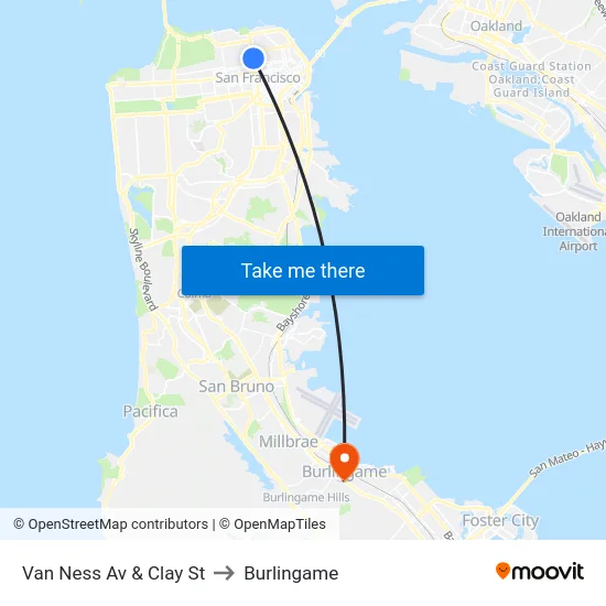 Van Ness Av & Clay St to Burlingame map