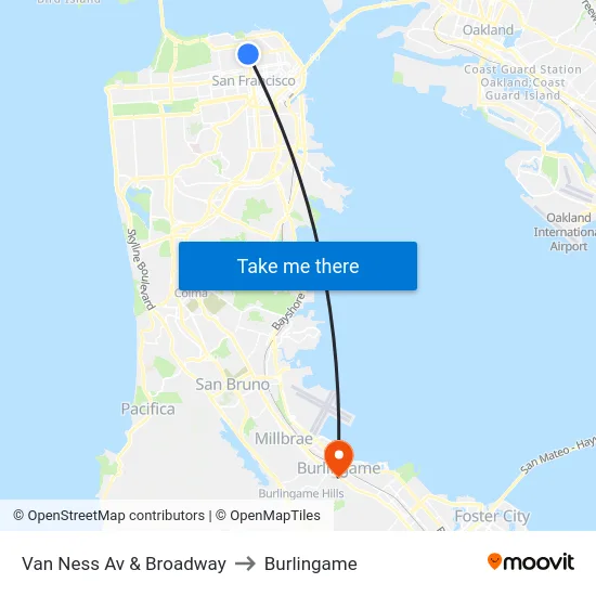 Van Ness Av & Broadway to Burlingame map