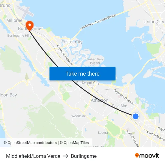 Middlefield/Loma Verde to Burlingame map