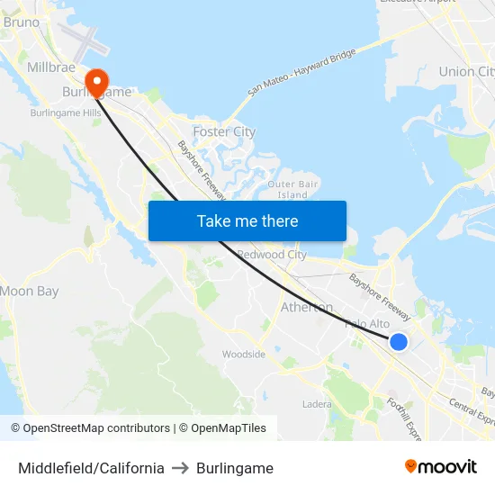 Middlefield/California to Burlingame map