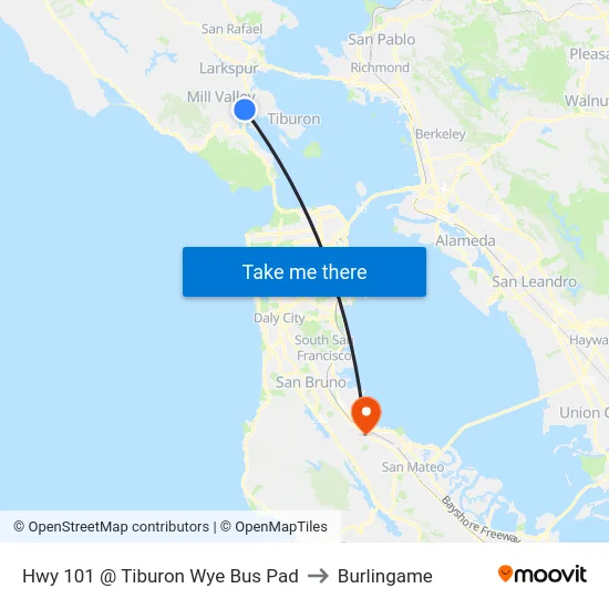 Hwy 101 @ Tiburon Wye Bus Pad to Burlingame map