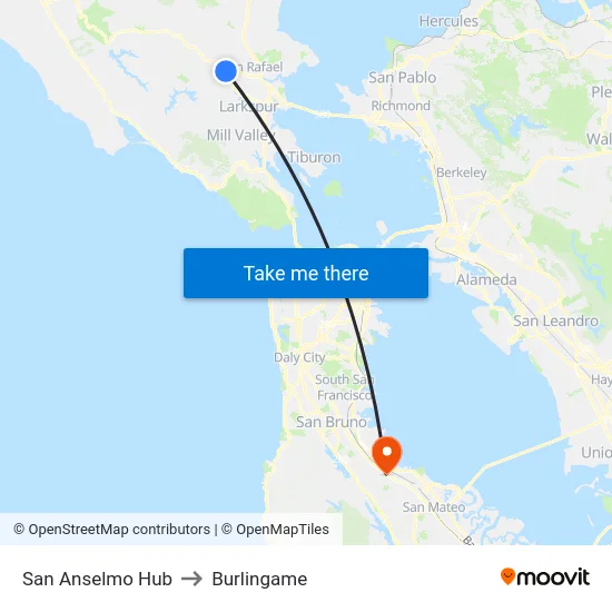 San Anselmo Hub to Burlingame map