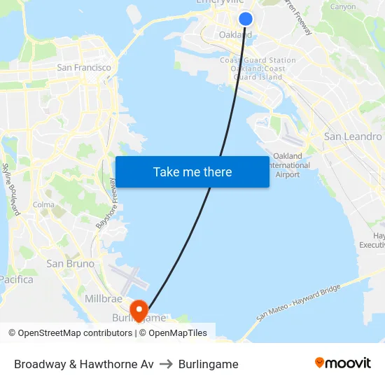 Broadway & Hawthorne Av to Burlingame map