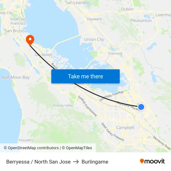 Berryessa / North San Jose to Burlingame map