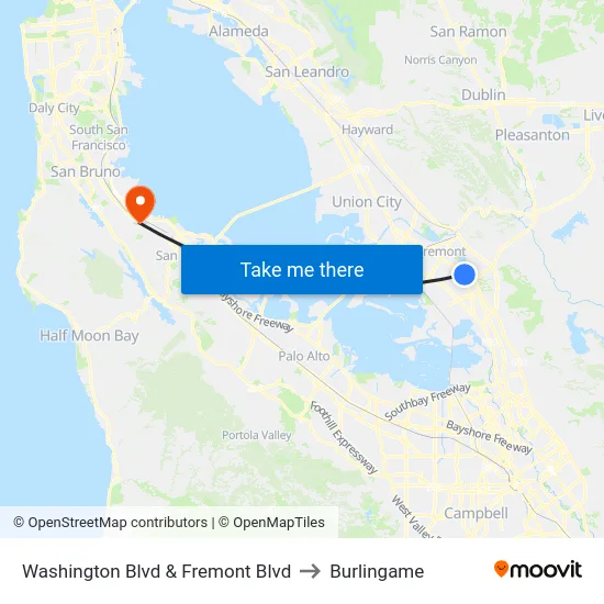 Washington Blvd & Fremont Blvd to Burlingame map