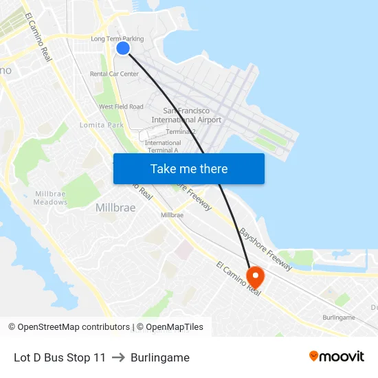 Lot D Bus Stop 11 to Burlingame map