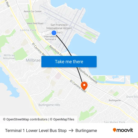 Terminal 1 Lower Level Bus Stop to Burlingame map