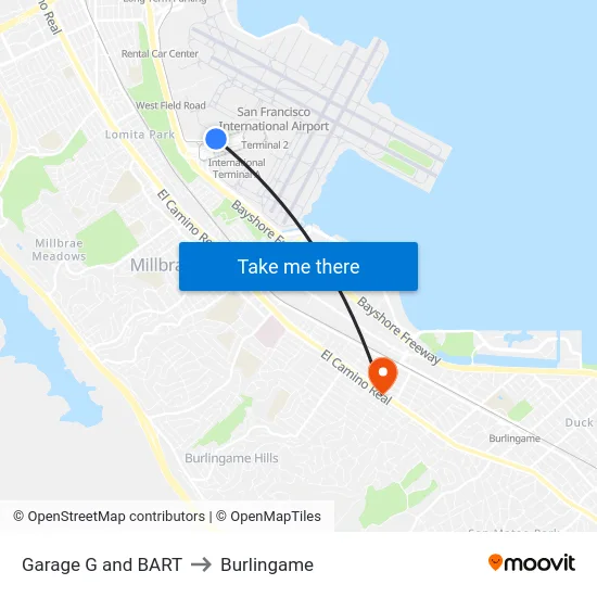 Garage G and BART to Burlingame map