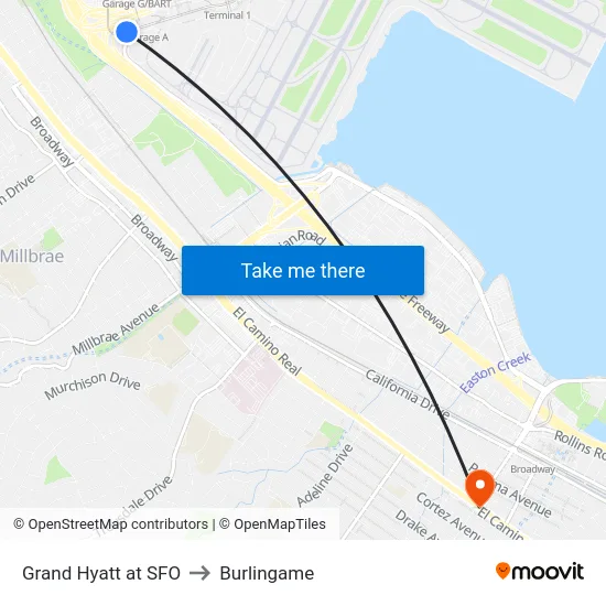 Grand Hyatt at SFO to Burlingame map