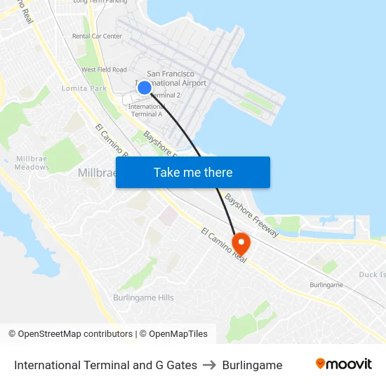 International Terminal and G Gates to Burlingame map