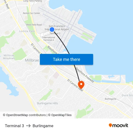 Terminal 3 to Burlingame map