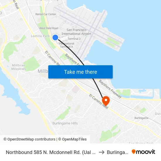 Northbound 585 N. Mcdonnell Rd. (Ual Cargo) to Burlingame map