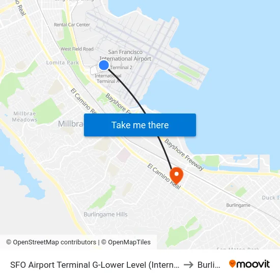SFO Airport Terminal G-Lower Level (International Terminal Courtyard) to Burlingame map