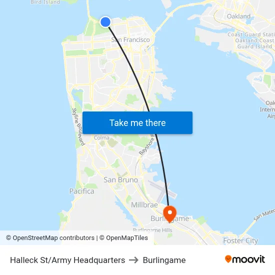 Halleck St/Army Headquarters to Burlingame map