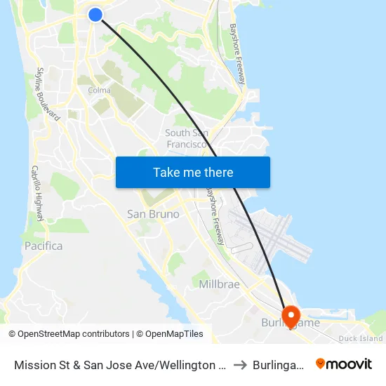 Mission St & San Jose Ave/Wellington Ave to Burlingame map