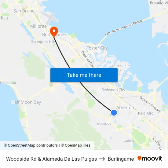 Woodside Rd & Alameda De Las Pulgas to Burlingame map
